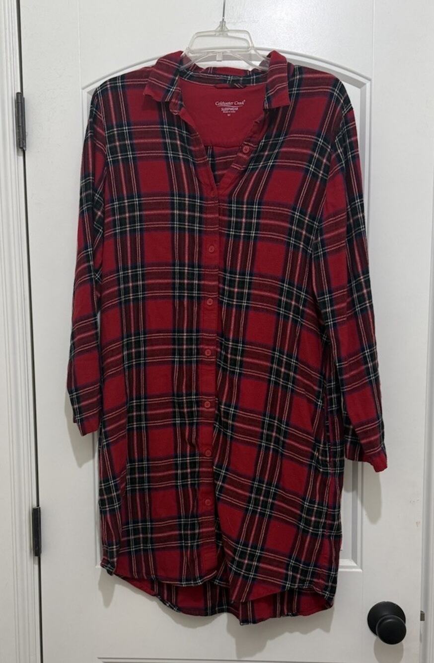 Coldwater Creek Red Plaid Cozy Flannel Sleep Shirt Nightgown - Womens Medium